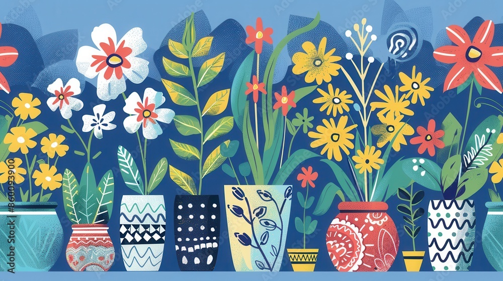 Poster a vibrant illustration showcasing a collection of colorful flowers in various decorative pots, perfe