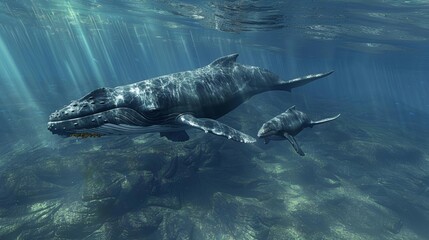 Obraz premium Mother whale and calf swimming close to the surface, gentle and protective interaction, tranquil ocean backdrop