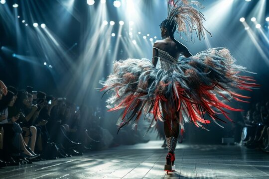Model on runway in an extravagant feathered outfit, spotlight and audience blurred, highenergy fashion show