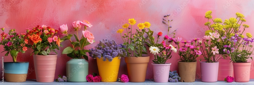 Aufkleber a colorful display of potted flowers in various styles and colors against a vibrant pink and purple 