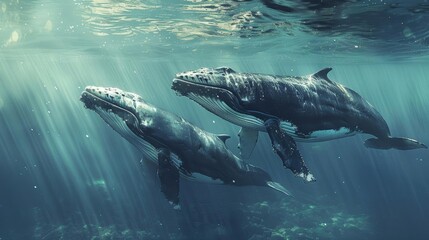 Fototapeta premium Mother whale and calf swimming close to the surface, gentle and protective interaction, tranquil ocean backdrop