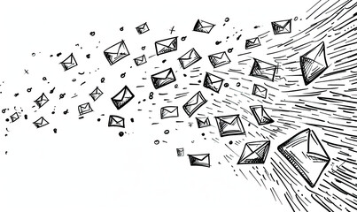 Hand drawn mail envelopes exploding from a corner