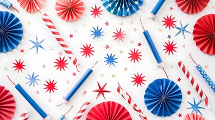 USA federal holiday banner design. Flat lay composition with American flag color paper fans and firework rockets on white background. Happy Independence day, Presidents Day, Labor day concept