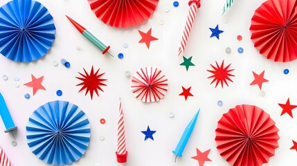 USA federal holiday banner design. Flat lay composition with American flag color paper fans and firework rockets on white background. Happy Independence day, Presidents Day, Labor day concept