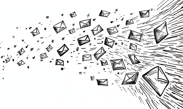 Hand drawn mail envelopes exploding from a corner