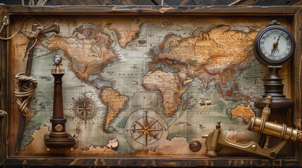 Nautical map with maritime routes, lighthouse, and ships, antique tools like sextant and telescope on the side