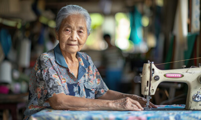 Senior seamstress working on sewing machine at home
