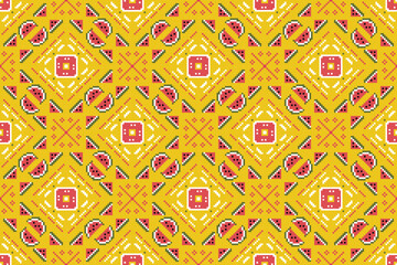 Abstract Seamless summer watermelon pixel art pattern with traditional decoration