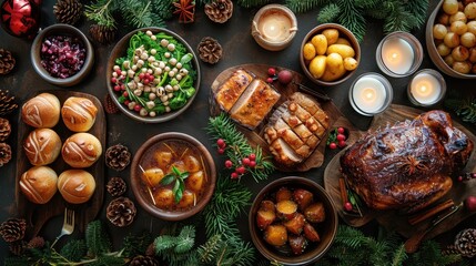 A lavish Christmas dinner table spread featuring various delicious dishes, including roast meat, potatoes, salads, bread rolls, candles, and evergreen decorations.