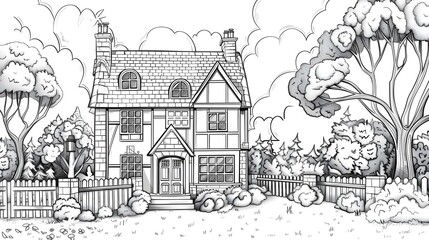 Obraz premium Vintage English House, Coloring Book, Drawing Imitation, Abstract 
