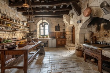 Rustic Kitchen with Stone Walls and Wooden Beams