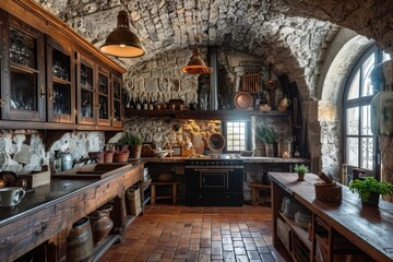 Obraz premium Rustic Country Kitchen with Stone Walls and Wooden Accents