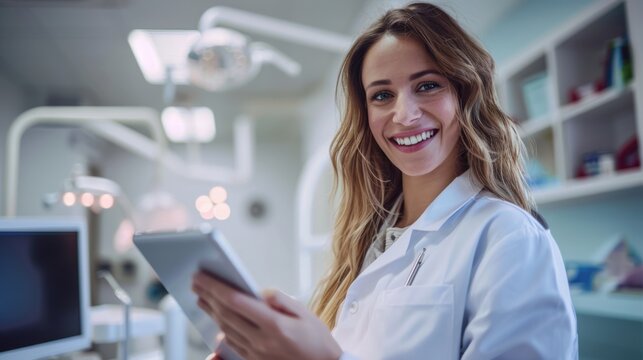 Young female caucasian dentist wearing a labcoat and smiling while using a digital tablet in her office - Powered by Adobe