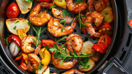 An air fryer filled with shrimp vegetables and chicken for a flavorful meal