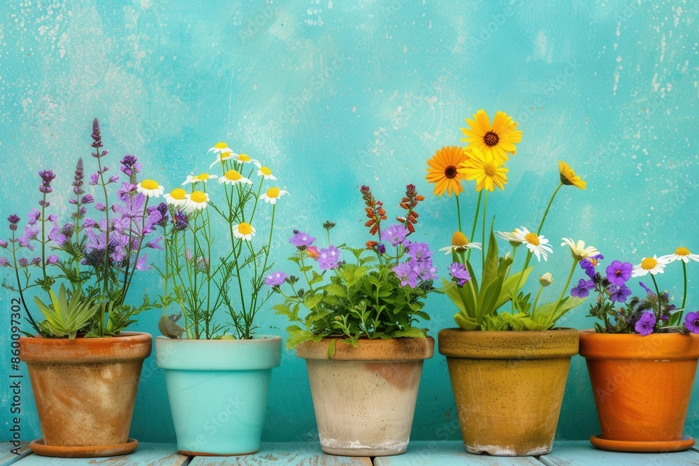 Aufkleber a row of colorful flowers in decorative pots placed against a vibrant blue wall, creating a cheerful