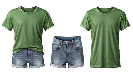 Green T-shirt and Jeans Shorts, Isolated Transparent Background, Fashion Apparel