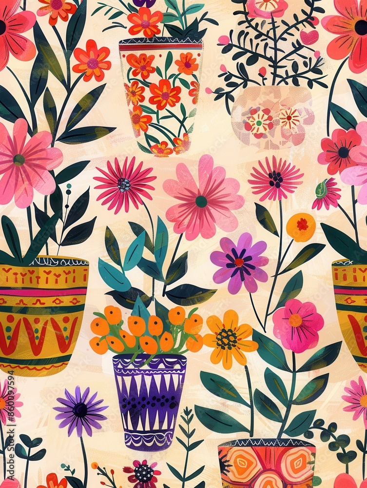 Aufkleber a lively illustration showcasing a vibrant floral pattern with decorative pots in various colors and