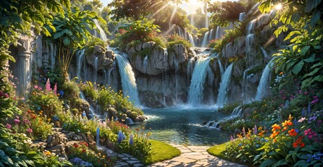 Fototapeta premium garden waterfall flowing river with flowers and tropical trees idyllic island paradise Eden landscape.
