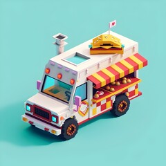 Obraz premium Colorful Isometric 3D Pixel Art Food Truck Vehicle on Vibrant Turquoise Background