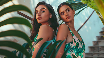 Two sexy beautiful woman friends brunette tanned skin makeup cosmetic fashion clothes summer collection cotton dress style summer journey walk date beach wear interior stairs leaves fl : Generative AI