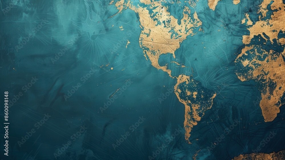 Aufkleber a simple and elegant depiction of the world, featuring golden continents on a teal background. gener