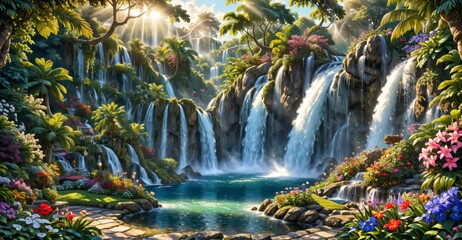 garden waterfall flowing river with flowers and tropical trees idyllic island paradise Eden landscape.