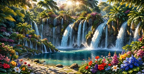 garden waterfall flowing river with flowers and tropical trees idyllic island paradise Eden landscape.