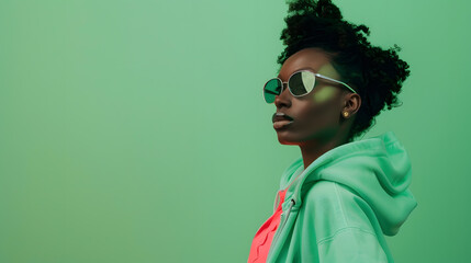 Fashion clothes style and black woman with green rap gen z or hip hop aesthetic outfit for cool edgy or fashionable look Designer brand apparel attitude or teen fashion model on green  : Generative AI