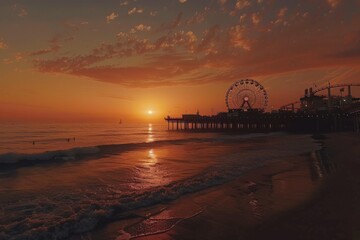 Obraz premium Timelapse of Santa Monica Pier at Sunset with Slice Effect