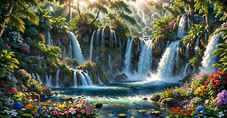 garden waterfall flowing river with flowers and tropical trees idyllic island paradise Eden landscape.