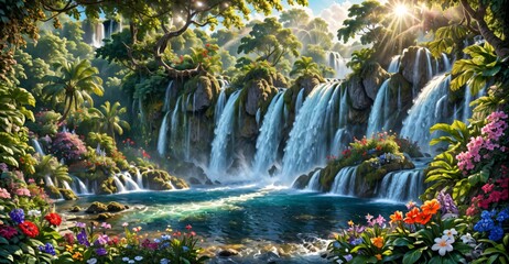 garden waterfall flowing river with flowers and tropical trees idyllic island paradise Eden landscape.