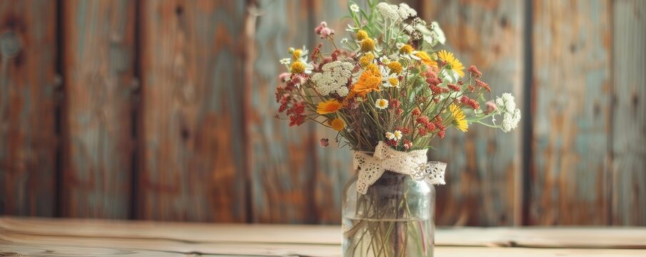 A rustic bouquet of wildflowers in a glass jar, tied with a ribbon, displayed against a weathered wooden background.
