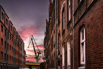 High cranes in the Gdańsk Stocznia, old shipyard and recreation area