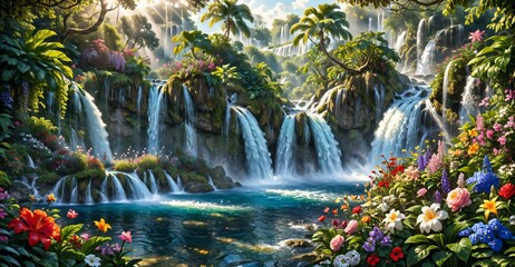 Naklejka premium garden waterfall flowing river with flowers and tropical trees idyllic island paradise Eden landscape.