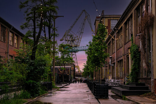 High cranes in the Gdańsk Stocznia, old shipyard and recreation area