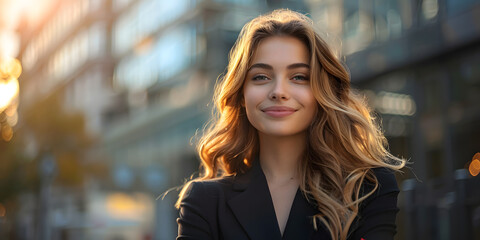 Fototapeta premium American Businesswoman Portrait at Sunset in Urban CBD