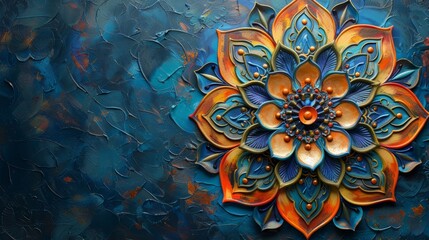 A vibrant and intricate mandala design with rich blue and orange tones, perfect for adding a pop of color and artistic flair to any space.