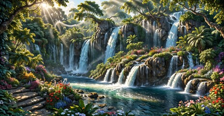 garden waterfall flowing river with flowers and tropical trees idyllic island paradise Eden landscape.