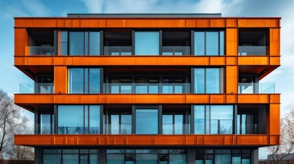 A striking modern building with an orange facade and expansive glass windows reflecting the blue sky, showcasing contemporary architectural style.