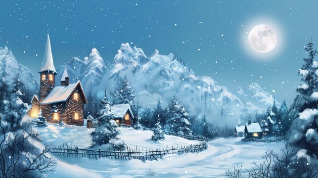 Traditional christmas landscape with a festive winter scene and holiday decorations