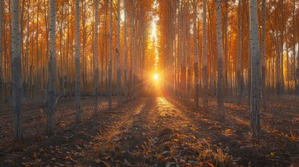 Obraz premium Autumn sunrise over a forest of poplar trees