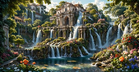 Fototapeta premium A beautiful paradise building land full of flowers, rivers and waterfalls, a blooming and magical idyllic Eden garden. Mountain ancient baroque architecture.