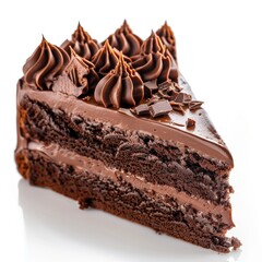 A Slice of Chocolate Cake With Swirled and Chocolate on White Background
