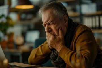 Obraz premium A sad and stressed elderly man sits at home alone at the table and looks upset and pensive.