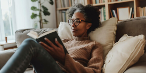 Obraz premium A young woman enjoying leisure time at home, reading a book comfortably