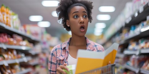 A young woman buys groceries in a supermarket in surprise.