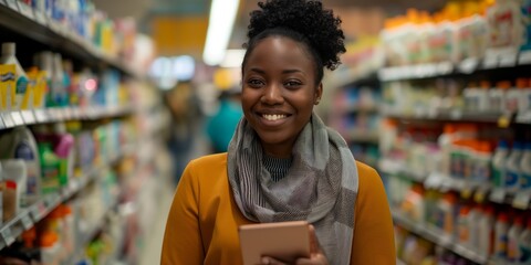 A young woman shopping in a supermarket, using a smartphone app for her purchases