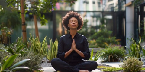 A young woman meditating in lotus pose, finding peace in nature.