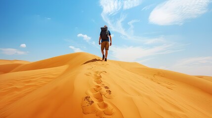 young man tourist traveler walks out across a sand dune into the desert with a backpack