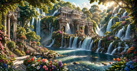 Obraz premium A beautiful paradise building land full of flowers, rivers and waterfalls, a blooming and magical idyllic Eden garden. Mountain ancient baroque architecture.